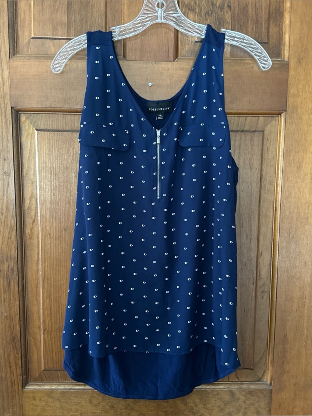 Forever 21 Navy Sleeveless Zip-Front Tank with Dot Print